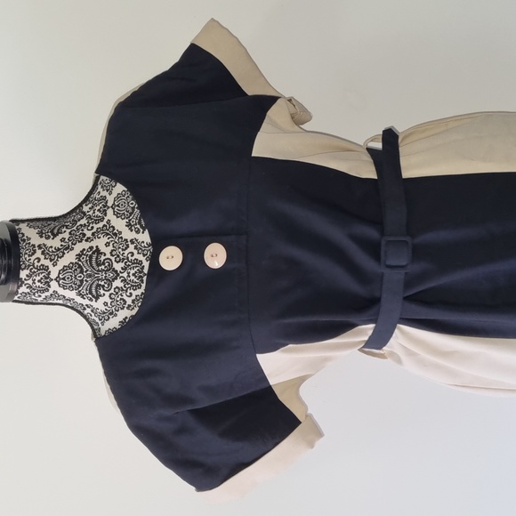 Katies, vintage cream/black panel midi dress, with belt, size 10 - Picture 3 of 7